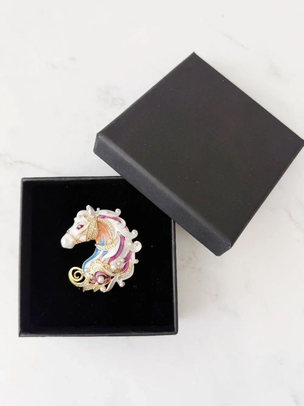 Horse Head Brooch Pin with Multicolor Details, Rhinestones & Gold Tone Finish
